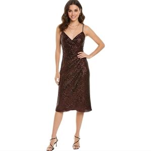 Sparkling Sequin Wrap Midi Dress Spaghetti Straps V Neck Cocktail Party Glam